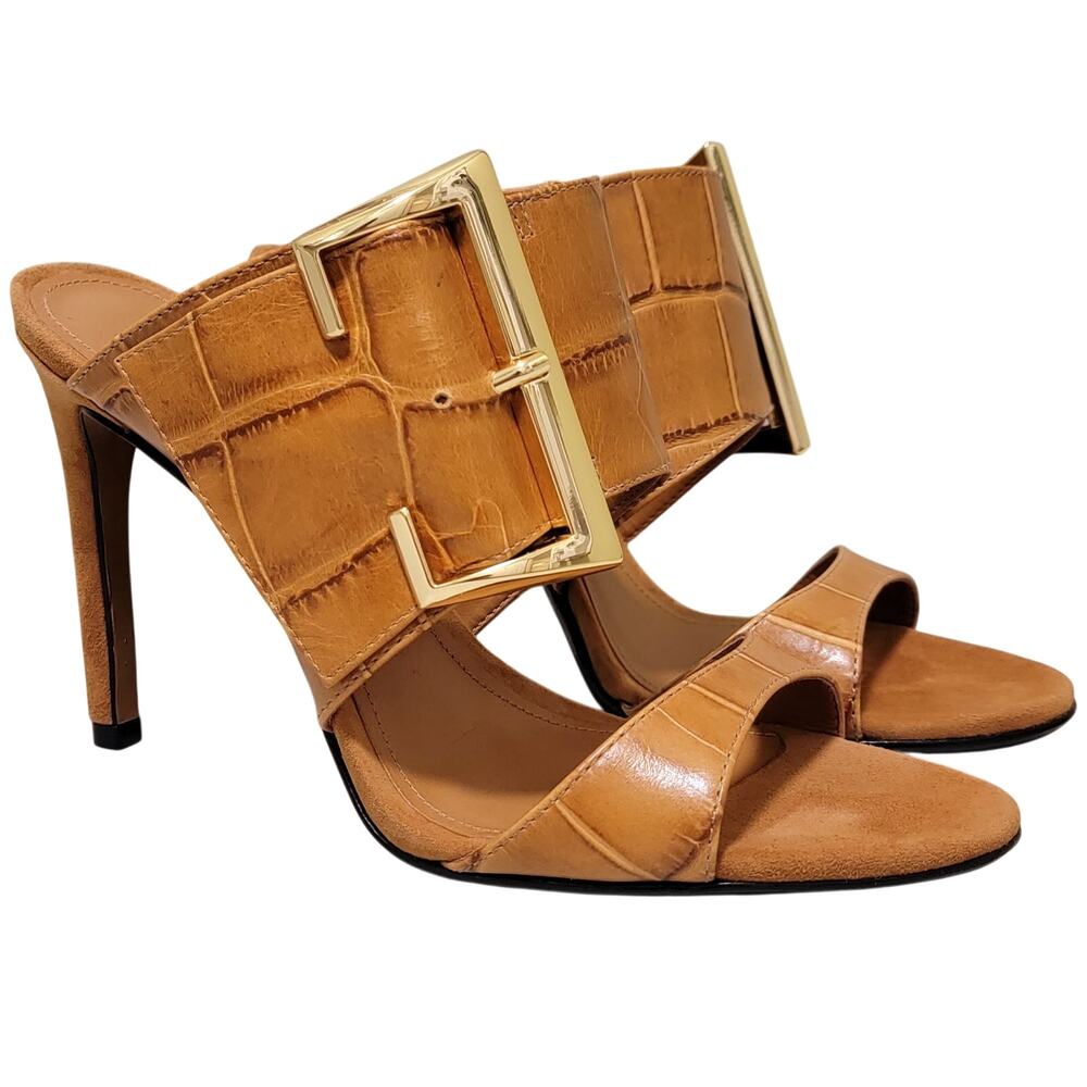 Schutz Women Beatrix Stiletto Heel Buckle Slide Sandals Size US 9B Brown Croc